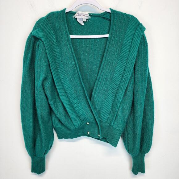 Vintage Sideffects Sweater Size M Green Pearl Buttons Balloon Sleeve Deep Neck - Picture 6 of 16